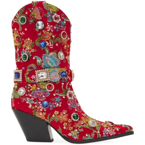 Red Flower Embroidered Rhinestone Mid Calf Pointed Toe Chunky Heel Cowgirl - Picture 2 of 7
